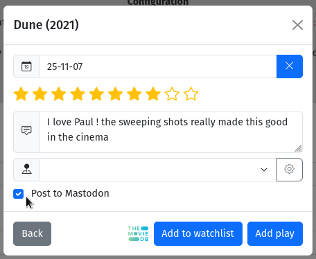 screenshot of Movary "log play" modal showing a setting to post to Mastodon