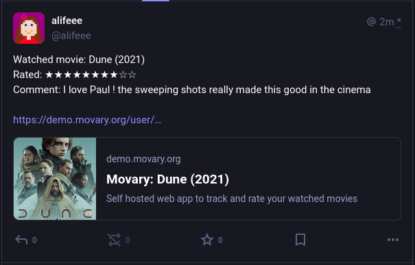 screenshot of Mastodon post showing a film having been watched