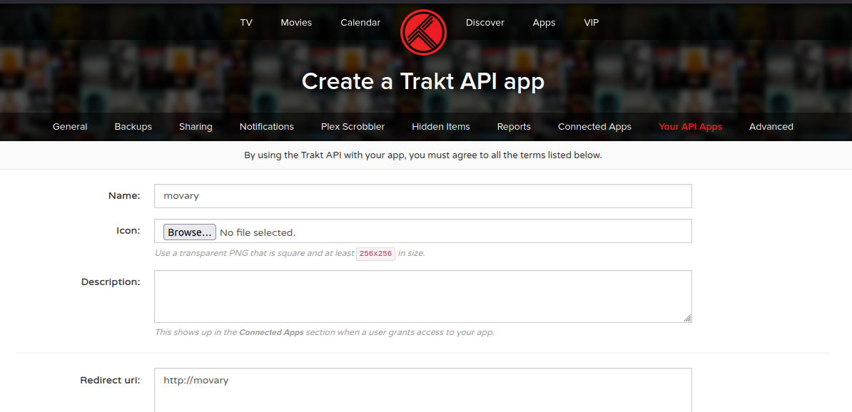 Trakt application seeting page with client ID